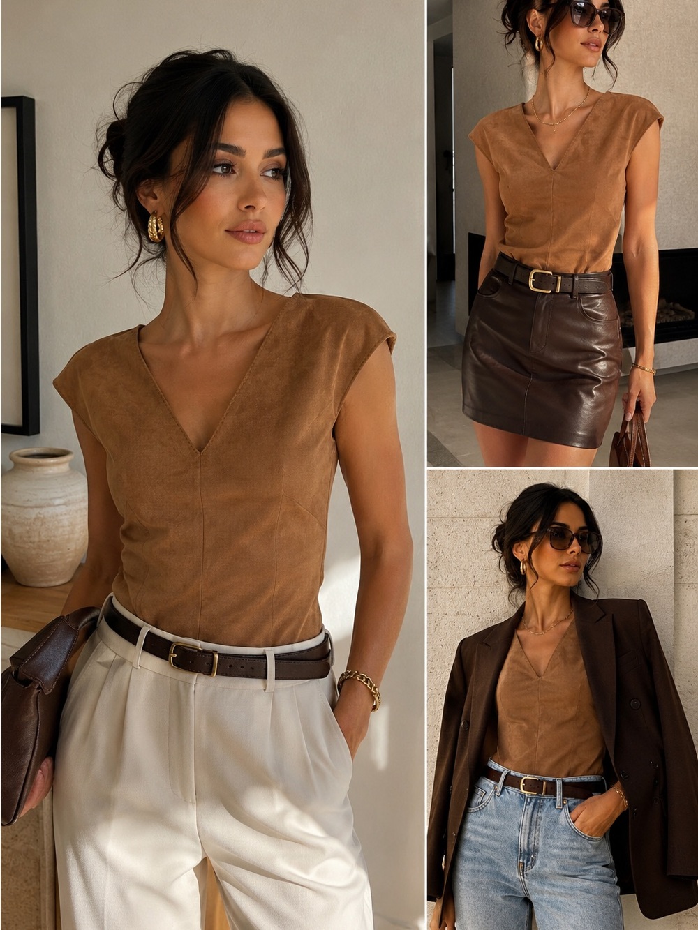 BCBGMAXAZRIA Camel Faux Suede V-Neck Cap Sleeve Top Size Medium